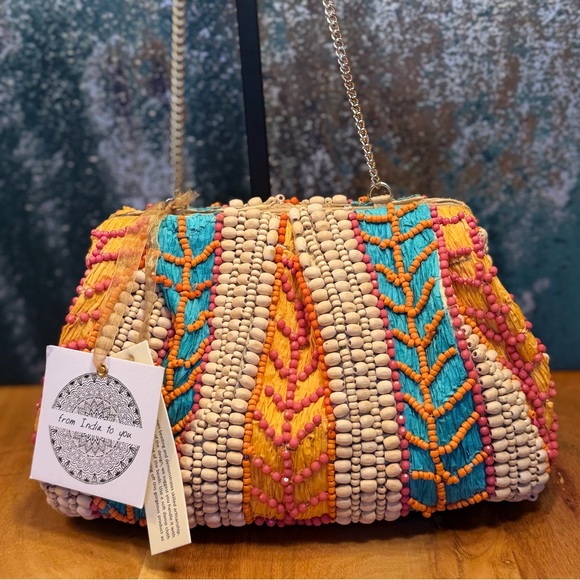 India Boutique Handbags - Boho Style Beaded Clutch with Chain Strap Multicolor: NWT’s
